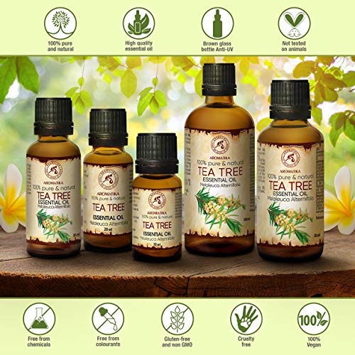 Aceite Esencial de Arbol de Té 50ml Botella - Australia - 100% Puro y Natural - Ideal para la Belleza - Aromaterapia - Difusor - Lámpara de Aroma - Cosméticos - Tea Tree Essential Oil