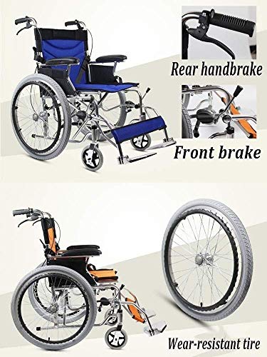 aedouqhr Silla de Ruedas Plegable de Aluminio, autopropulsada con neumático no neumático Pedal de pie Ajustable Patinete de Empuje Manual de Doble Freno (Color: Azul)