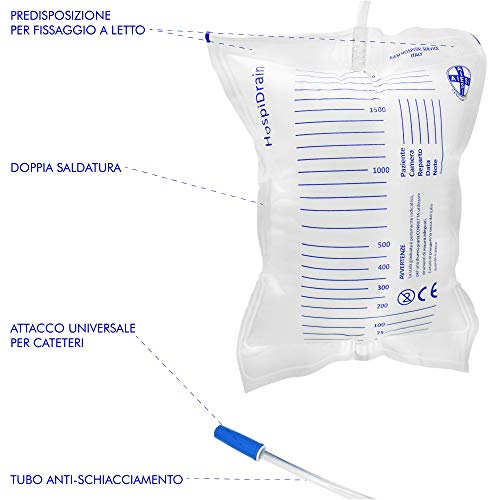 AIESI® Bolsas de orina de 2 litros tubo 90 cm sin descarga desechables HOSPIDRAIN (Paquete de 25 piezas)