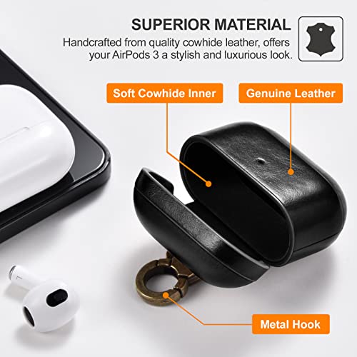 AirPods 3 2021 Funda Case, ICARER Piel Genuina Cuero Luxury Portátil Protección Cover Funda Carcasa con Llavero para Apple AirPods 3 2021 (LED Visible) [Carga inalámbrica] (Negro)