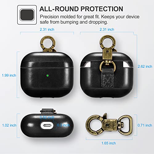 AirPods 3 2021 Funda Case, ICARER Piel Genuina Cuero Luxury Portátil Protección Cover Funda Carcasa con Llavero para Apple AirPods 3 2021 (LED Visible) [Carga inalámbrica] (Negro)