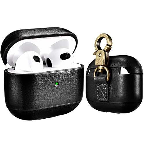 AirPods 3 2021 Funda Case, ICARER Piel Genuina Cuero Luxury Portátil Protección Cover Funda Carcasa con Llavero para Apple AirPods 3 2021 (LED Visible) [Carga inalámbrica] (Negro)