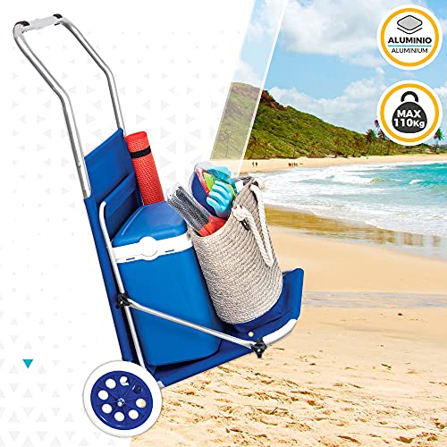 Aktive 62610 - Tumbona playa con ruedas, Silla playa ruedas, 2 ruedas, con parasol, Sillas de playa con ruedas, 67 x 117 x 89 cm, altura asiento 11 cm, peso máx 110 kg, color azul, Aktive Beach