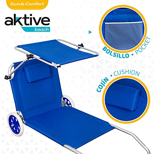 Aktive 62610 - Tumbona playa con ruedas, Silla playa ruedas, 2 ruedas, con parasol, Sillas de playa con ruedas, 67 x 117 x 89 cm, altura asiento 11 cm, peso máx 110 kg, color azul, Aktive Beach