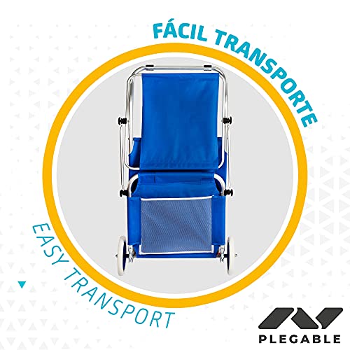 Aktive 62610 - Tumbona playa con ruedas, Silla playa ruedas, 2 ruedas, con parasol, Sillas de playa con ruedas, 67 x 117 x 89 cm, altura asiento 11 cm, peso máx 110 kg, color azul, Aktive Beach