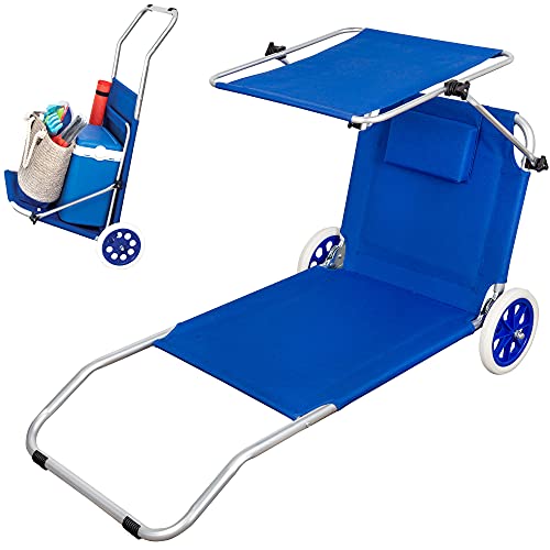 Aktive 62610 - Tumbona playa con ruedas, Silla playa ruedas, 2 ruedas, con parasol, Sillas de playa con ruedas, 67 x 117 x 89 cm, altura asiento 11 cm, peso máx 110 kg, color azul, Aktive Beach