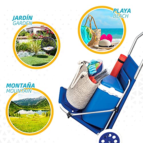 Aktive 62610 - Tumbona playa con ruedas, Silla playa ruedas, 2 ruedas, con parasol, Sillas de playa con ruedas, 67 x 117 x 89 cm, altura asiento 11 cm, peso máx 110 kg, color azul, Aktive Beach