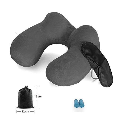 Almohada Inflable del Viaje, LUZWAY Cojín Inflable del Cuello de Viaje, Hecho de Terciopelo Suave y Funda Lavable con Tapones para los Oídos , Máscara de los Ojos y Bolsa de Transporte [Gris]