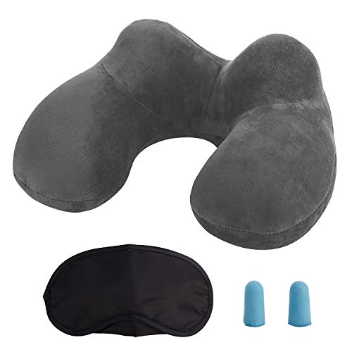 Almohada Inflable del Viaje, LUZWAY Cojín Inflable del Cuello de Viaje, Hecho de Terciopelo Suave y Funda Lavable con Tapones para los Oídos , Máscara de los Ojos y Bolsa de Transporte [Gris]