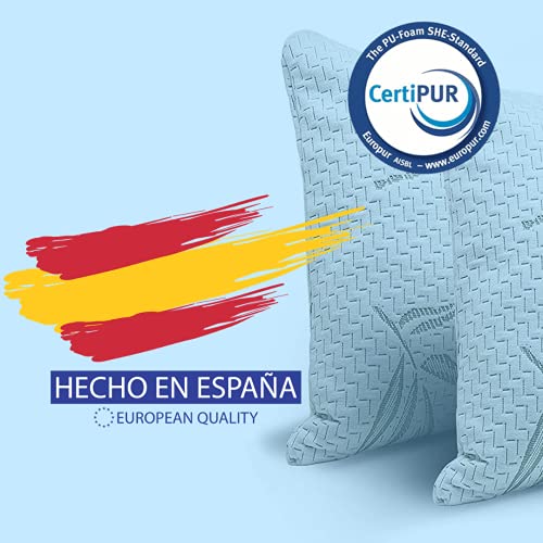 Almohada Viscoelastica 100% Visco Copos | Libera Presión Cervical | Fabricada en España | Funda Strech Transpirable | Anti acaros y Anti bacterias | Tratamiento Bamboo | Pack 2 Unidades de 70 cm