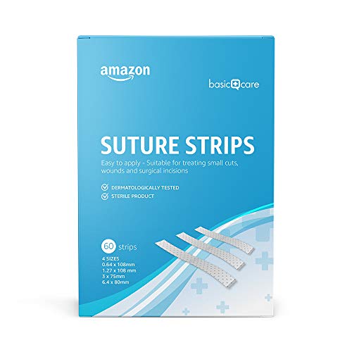 Amazon Basic Care - Tiras de sutura hipoalergénicas esterilizadas, 4 tamaños, 60 tiras