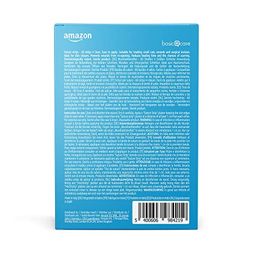 Amazon Basic Care - Tiras de sutura hipoalergénicas esterilizadas, 4 tamaños, 60 tiras