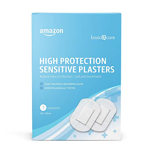 Amazon Basic Care - Tiritas sensibles de alta protección de tejido sin tejer, 42 tiritas, 6 paquetes de 7 unidades, 10 x 15 cm