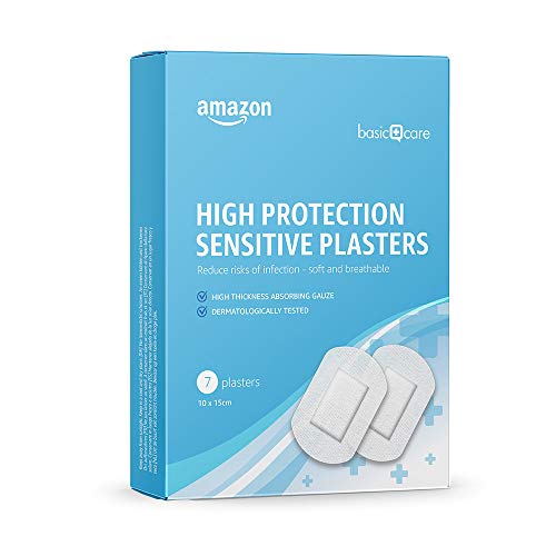 Amazon Basic Care - Tiritas sensibles de alta protección de tejido sin tejer, 42 tiritas, 6 paquetes de 7 unidades, 10 x 15 cm