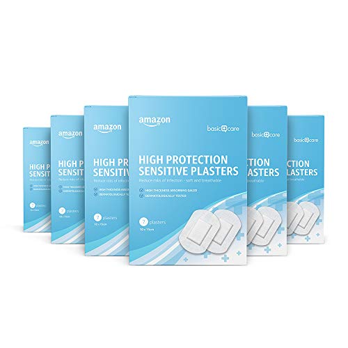 Amazon Basic Care - Tiritas sensibles de alta protección de tejido sin tejer, 42 tiritas, 6 paquetes de 7 unidades, 10 x 15 cm