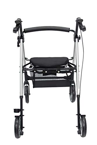 Andador para ancianos, minusválidos, andador para mayores, de aluminio, ligero, cesta, frenos en los puños, plegable, con asiento y 4 ruedas.