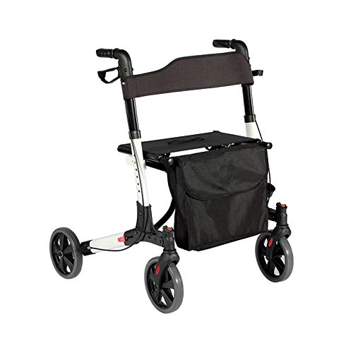 Andador para Ancianos Plegable - Asiento con Respaldo, 4 Ruedas / Frenos / Bolsa Auxiliar & Soporte para Bastón, Altura Regulable, de Aluminio - Rollator, Caminador Mayores