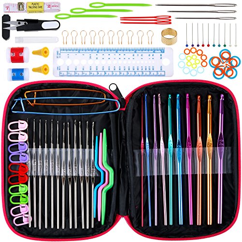 Anpro 100pcs Agujas de Ganchillos,Kit de Ganchillos Accesorios con Bolsa,Regalo para Fiesta,Cumpleaños,Mujer,Madre,Ganchillo Crochet para Novatos,Principiantes