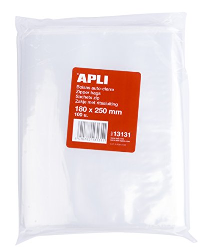 APLI 13131 - Pack de 100 bolsas de plástico con autocierre, 180 x 250 mm