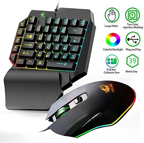 Arco iris retroiluminado de 39 teclas con cable a una mano Sensación mecánica Teclado, ratón para juegos RGB+convertidor con retroiluminación LED para Nintendo Switch/Xbox One/ PS4 / PS3 / PC (negro)