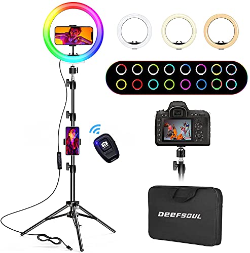 Aro De Luz con Tripode Alto, DEEFSOUL Anillo De Luz LED 10.2'' para Movil con 35 Modos RGB, 3 Efectos de Iluminación y 10 Brillo Ajustable, Se Pueden Usar para Disparos TikTok/Twich Live