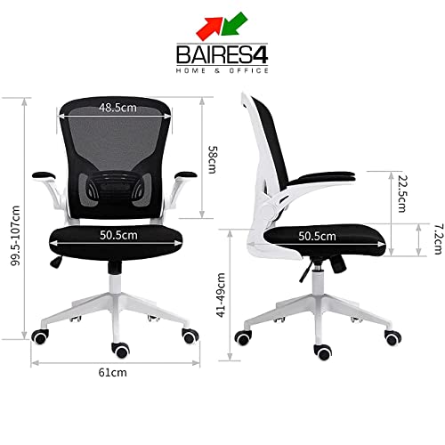 BAIRES4 - Silla Cómoda de Escritorio y Oficina Ergonómica con Brazos Abatibles Soporte Lumbar Ajustable Ruedas Silenciosas y Cojines Resistentes – (Negro)