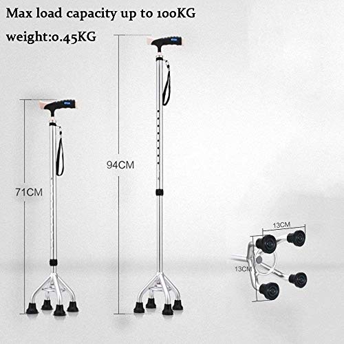Bastón Muletas Bastones ligeros de aleación de aluminio 10 niveles de altura ajustable para hombres o mujeres mayores Bastón discapacitado con 4 patas grandes Base antideslizante en plata Trabajo pesa