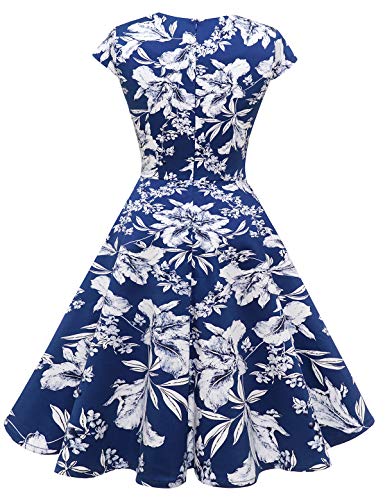 Bbonlinedress Vestido Corto Mujer Retro Años 50 Vintage Escote En Pico -1Dark Blue White Flower M