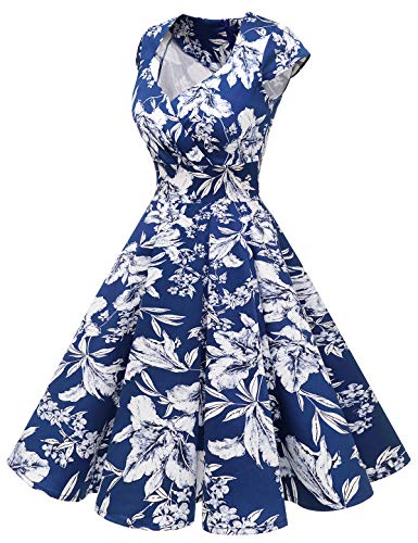 Bbonlinedress Vestido Corto Mujer Retro Años 50 Vintage Escote En Pico -1Dark Blue White Flower M