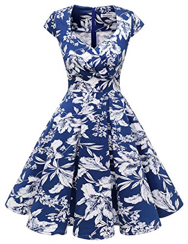 Bbonlinedress Vestido Corto Mujer Retro Años 50 Vintage Escote En Pico -1Dark Blue White Flower M