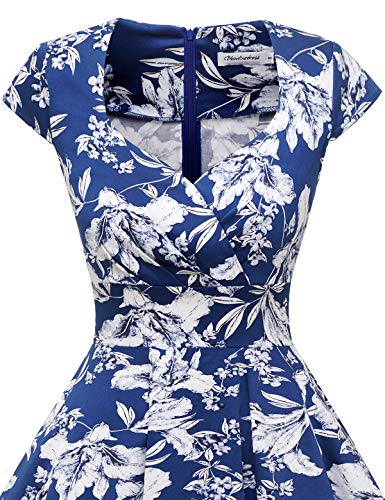 Bbonlinedress Vestido Corto Mujer Retro Años 50 Vintage Escote En Pico -1Dark Blue White Flower M