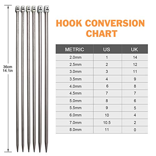 BCMRUN Juego de agujas de tejer, 22 unidades, 2 mm (B)-8 mm (L), rectas de acero inoxidable con punta única, 11 pares de agujas de punto de bloqueo, 36 cm 36 cm