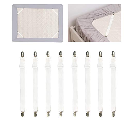 Beedsooth 8 Piezas Elásticas Tirantes Ajustables Sujetador Debajo del colchón de Cama, Hoja de Cama Correas para Funda de Tablas de Planchar y Sábanas o sofás - Extender (30-120cm),Blanco