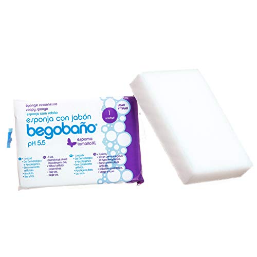 Begobaño Esponja Jabonosa Desechable. Esponja de Baño de Un Solo Uso con Gel Dermatológico e Hipoalergénico. Envase individual. 40 Unidades