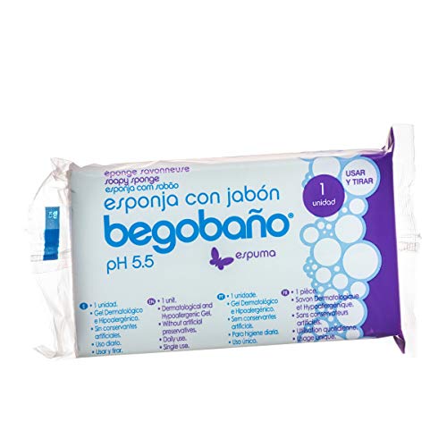 Begobaño Esponja Jabonosa Desechable. Esponja de Baño de Un Solo Uso con Gel Dermatológico e Hipoalergénico. Envase individual. 40 Unidades