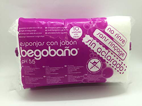 Begobaño Esponja Jabonosa Desechable Sin Aclarado. Esponja de Baño de Un Solo Uso con Gel Dermatológico e Hipoalergénico. 10 Unidades