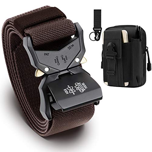 BESTKEE Cinturón táctico para Hombres, 3.8cm Cinturón Resistente, Cinturón Nylon Hebilla de Metal de Liberación Rápida, Regalo con Bolsa Táctica Molle y Gancho