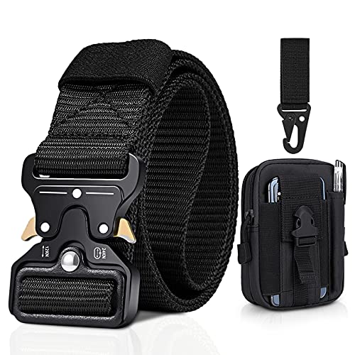 BESTKEE Men Tactical Belt 1.5 Inch Heavy Duty Belt, Nylon Military Belt with Quick-Release Metal Buckle, Gift with Tactical Molle Pouch and Hook