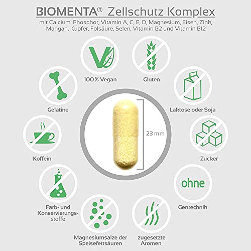 BIOMENTA Complejo protector celular - 60 cápsulas protectoras celulares veganas de dosis alta con multivitaminas A, B, C, D, E y multiminerales - 2 meses de tratamiento