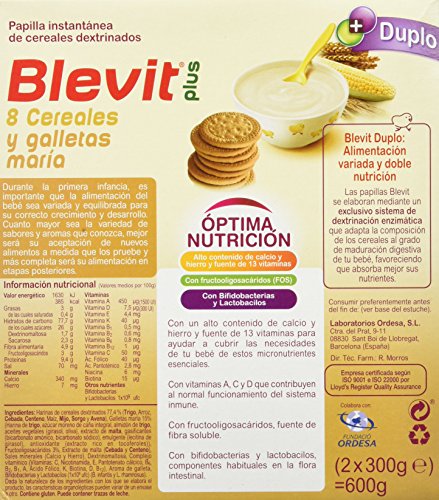 Blevit Plus Duplo Papilla 8 Cereales y Galletas María, desde los 5 Meses, 600g