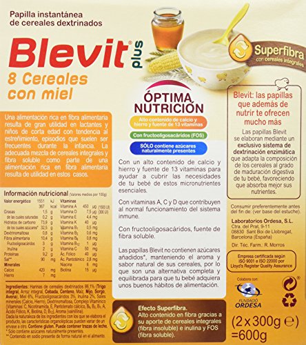 Blevit Plus Superfibra 8 Cereales con Miel - Papilla de Cereales para Bebé Sin Azúcares Añadidos con todo el sabor de la Miel - Desde los 5 meses - 600g