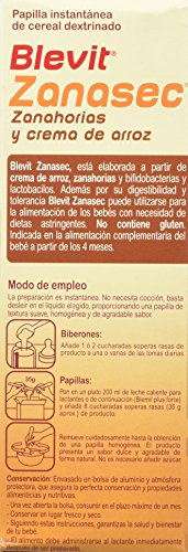 Blevit Zanasec - Papilla de Cereales para bebé con Crema de Arroz y Zanahorias - Sin Gluten y Sin Azúcares Añadidos - Facilita la digestión - Desde los 4 meses - 300g