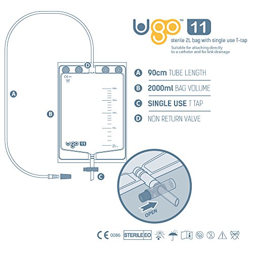 Bolsas de Noche de 2L Ugo (x10) - Bolsas de Drenaje de Orina/Bolsas Nocturnas de Catéter, T Tap o Lever Tap con Conexión Libre de Pliegues (Paquete de 10) (Ugo 11 - Un Solo Uso T Tap, Estéril)