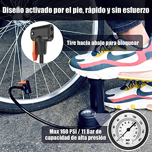 Bomba de Bicicleta, [160 PSI] Diyife Bomba de Pie con Manómetro de Alta Presión, para Presta & Schrader, con Aguja para Pelotas, Anillos de Natación con Globos, Carretera, Bicicleta de Montaña