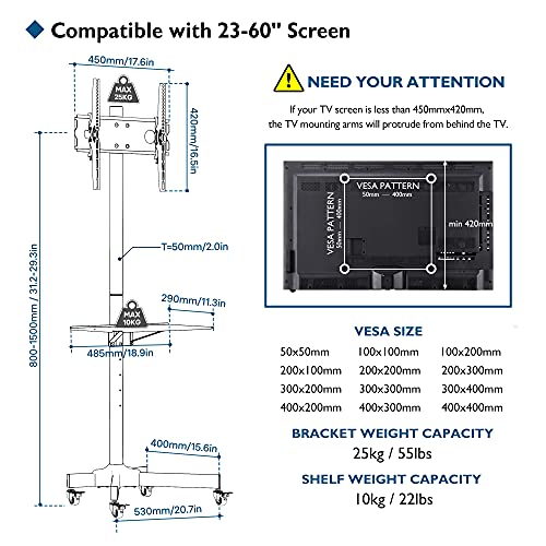 BONTEC Soporte TV Ruedas Soporte TV Suelo para 23-60 Pulgadas Plasma/LCD/LED Soportes TV de Pie para Pantalla Plana Móvil Carro de Exhibición Trole, Máx. VESA 400x400 mm