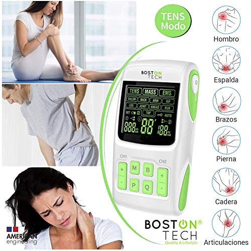 Boston Tech WE112 - Boston Tech - We-112 - Electroestimulador Digital Profesional 3 En 1, Tens, Ems, Masaje. Alivio Al Dolor Y Fortalecimiento Muscular General, Pantalla Lcd, 2 Canales, 4