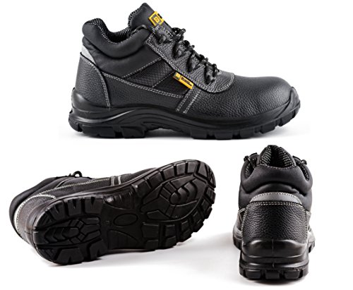 Botas de Seguridad de Cuero para Hombres Puntera de Acero Protección de Entresuela Resistente al Agua Impermeable S3 SRC Calzado de Trabajo al Tobillo de Cuero 1007 Black Hammer (47 EU)