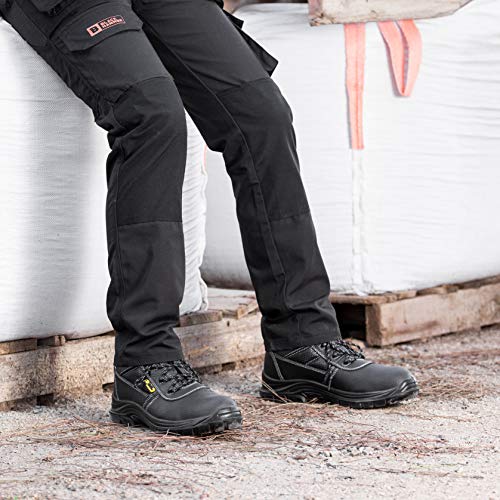 Botas de Seguridad de Cuero para Hombres Puntera de Acero Protección de Entresuela Resistente al Agua Impermeable S3 SRC Calzado de Trabajo al Tobillo de Cuero 1007 Black Hammer (47 EU)