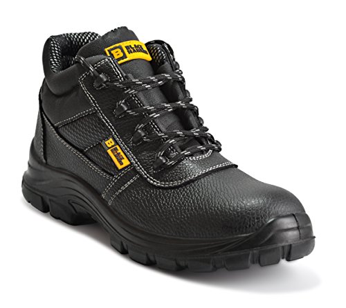 Botas de Seguridad de Cuero para Hombres Puntera de Acero Protección de Entresuela Resistente al Agua Impermeable S3 SRC Calzado de Trabajo al Tobillo de Cuero 1007 Black Hammer (47 EU)