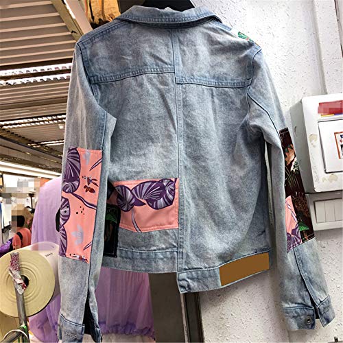 BoxJCNMU Chaqueta Corta de Retazos Estampada de otoño Chaqueta Corta de Mezclilla Chaqueta de Mezclilla con Personalidad para Mujer Abrigo de Estudiante Blue L